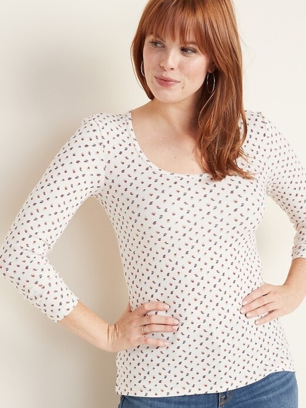 Old navy slim fit Women’s White Scoop Neck Printed Long Sleeve Top size xl